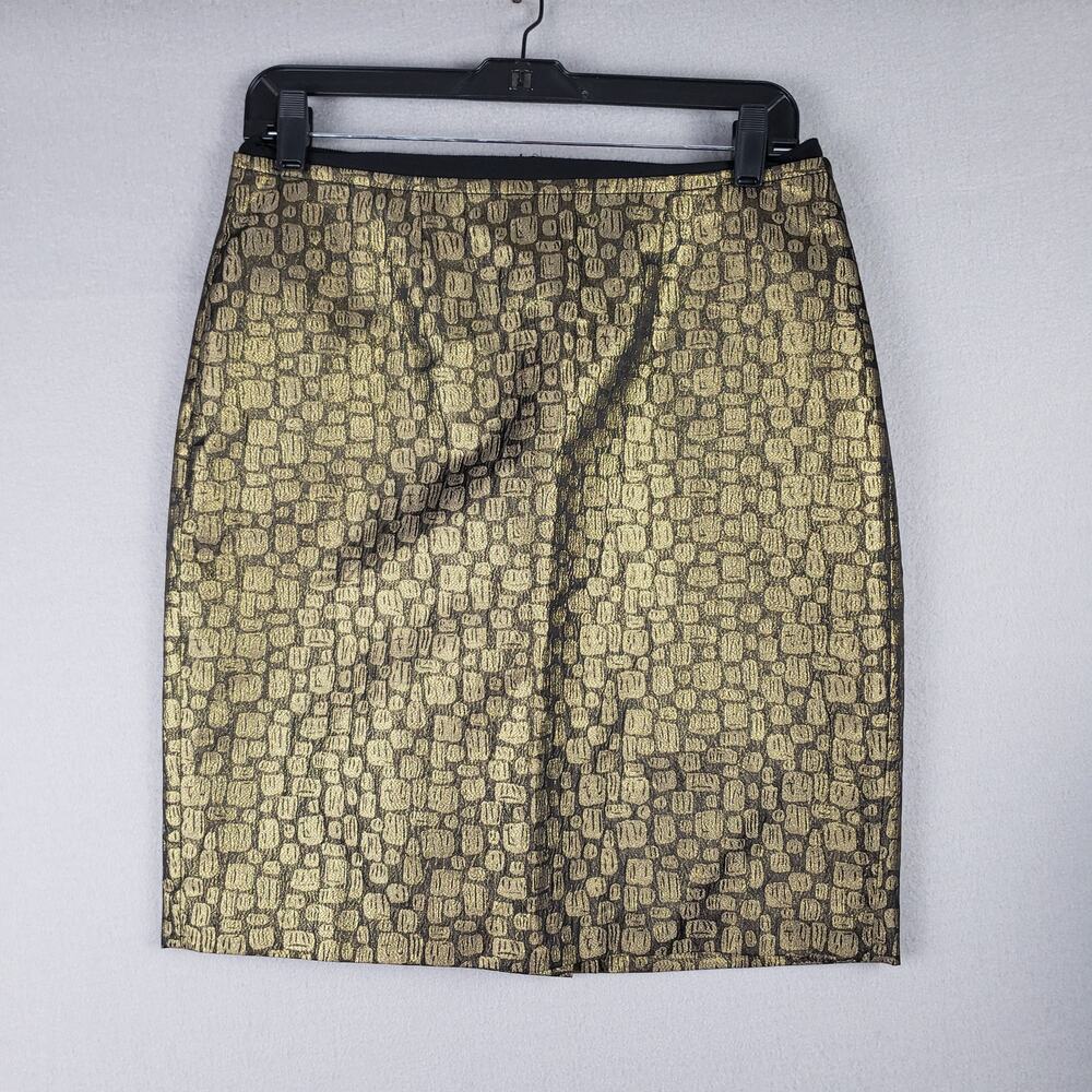 The Loft‎ Size 6 Gold Metallic Pencil Skirt Geo Print Holiday Cocktail Party